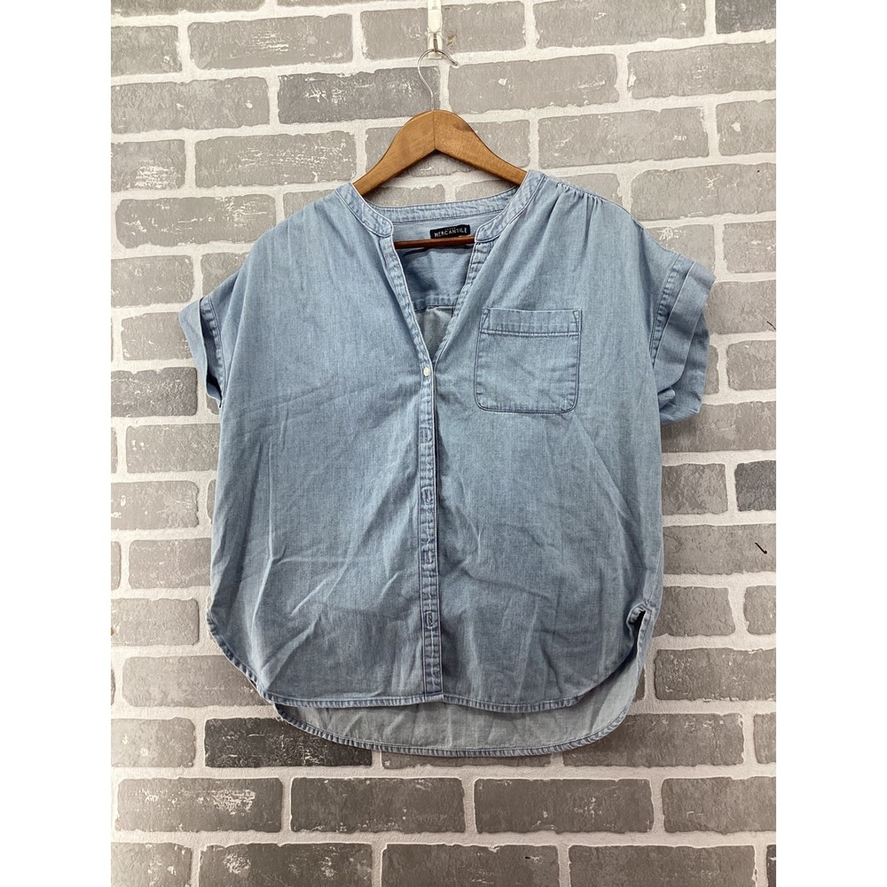 J.Crew Mercantile Womens Denim Shirt Light Wash Short Sleeve Cotton Top Size M